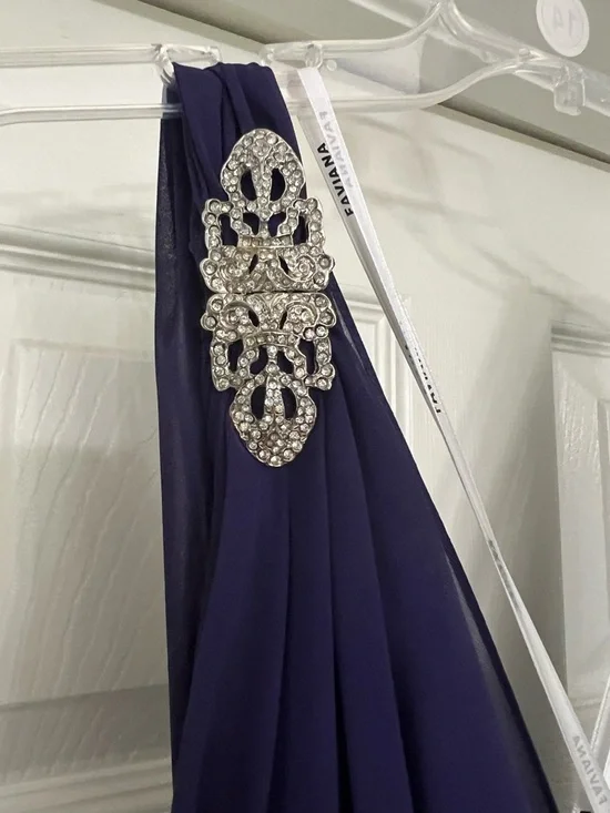 Faviana Plum V-Neck Chiffon Maxi Dress with Beaded Shoulder Accents - Picture 4 of 5